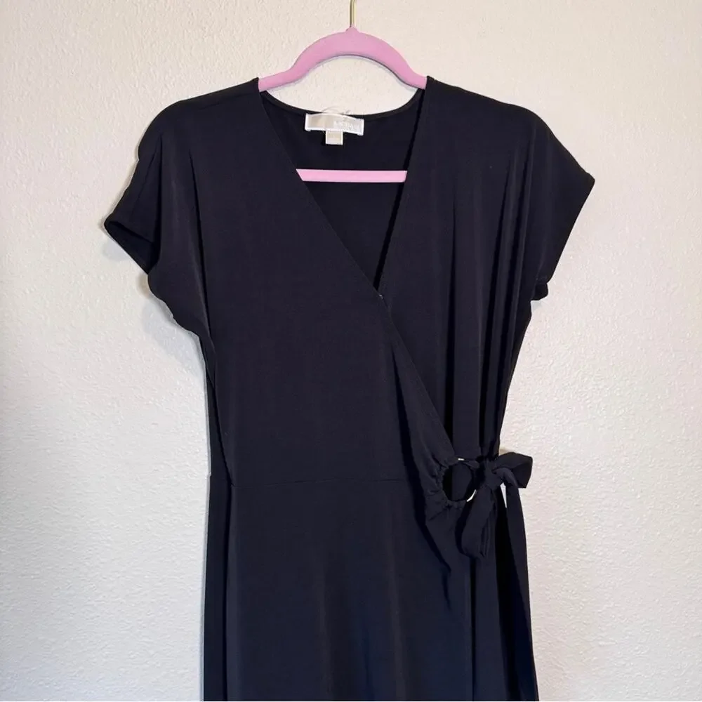 Michael Kors Black Mini Wrap Dress Womens L Casual LBD Classic Closet Staple